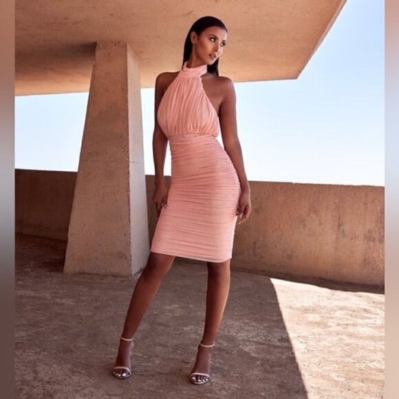 🍑HOUSE OF CB Merielle Pink Dress Halter Top High Neck Open Back Bodycon Small - Picture 1 of 6